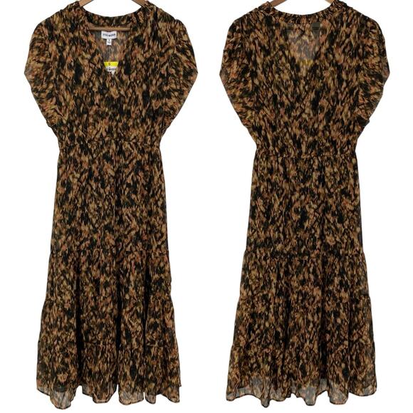 STEVE MADDEN NWT Tiered Printed V Neck Midi Dress Brown Size Small Lined - Picture 1 of 7